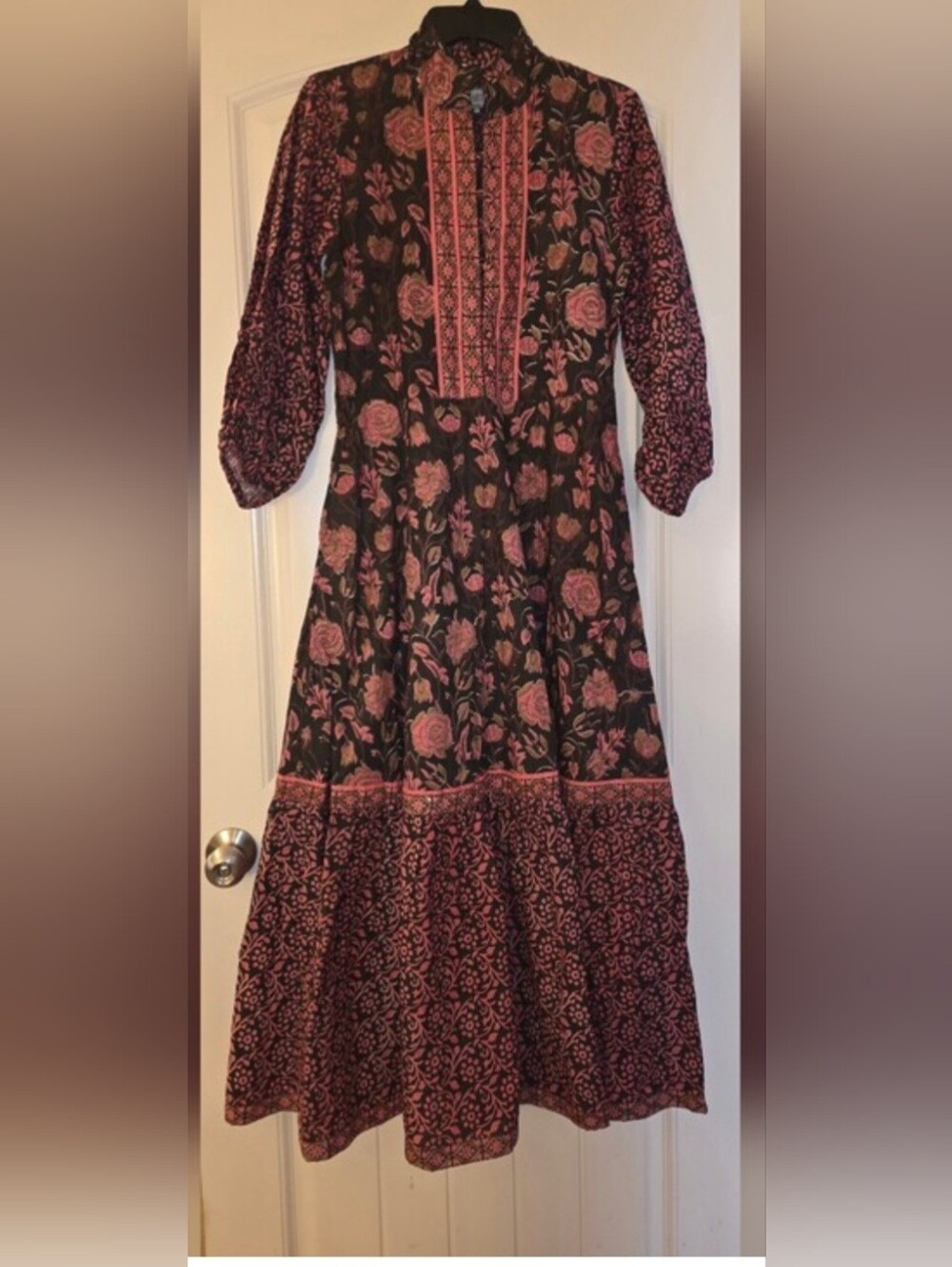 Sue Sartor Floral Maxi Dress in Black and Pink - 3/4 Sleeve Women's Dress Small